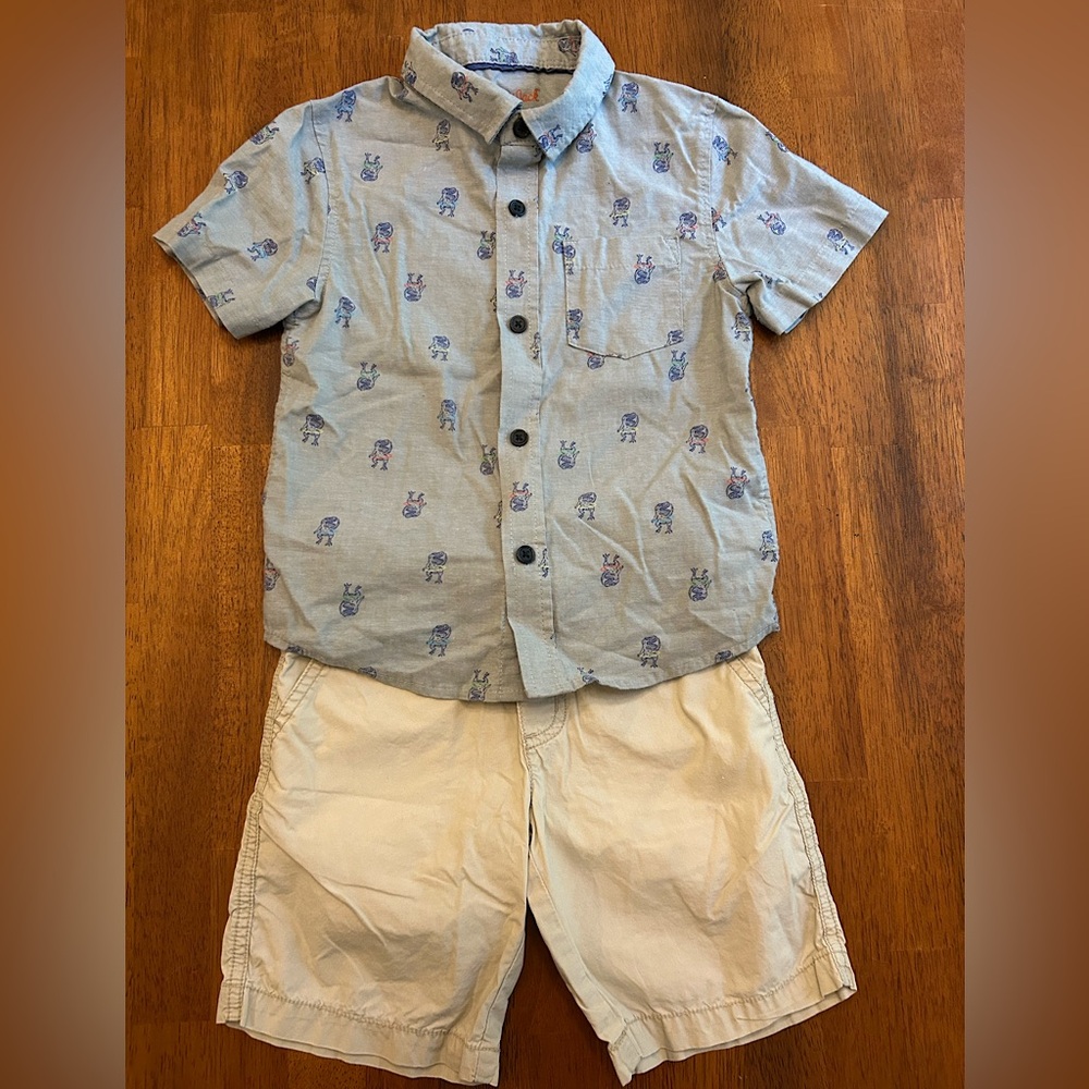 Dinosaur 2 Piece Outfit Bundle | Cat & Jack Button-Up + Gymboree Shorts | Boy 4T